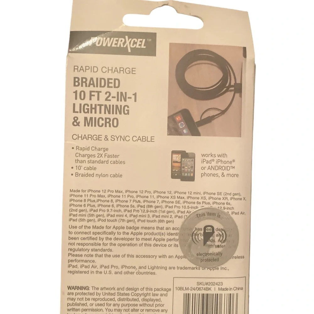 Rapid charge Braided 10Ft 2-in-1 Lightning & Micro charge &sync cable.